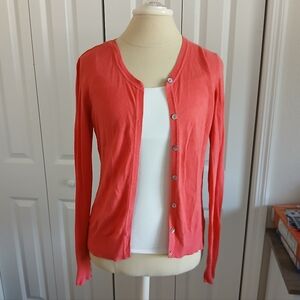 Ladies Small Pink Coral Long Sleeved Button Up Open Front Crew Neck Cardigan